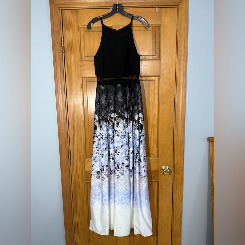 Betsy & Adam Black Ombre Floral Maxi Dress Sleeveless Illusion Waist Stained Hem
